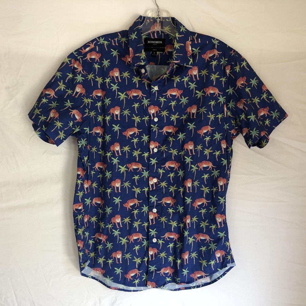 Bonobos Shirt Mens Medium Blue Tiger Palm Stretch Short Sleeve Button Front